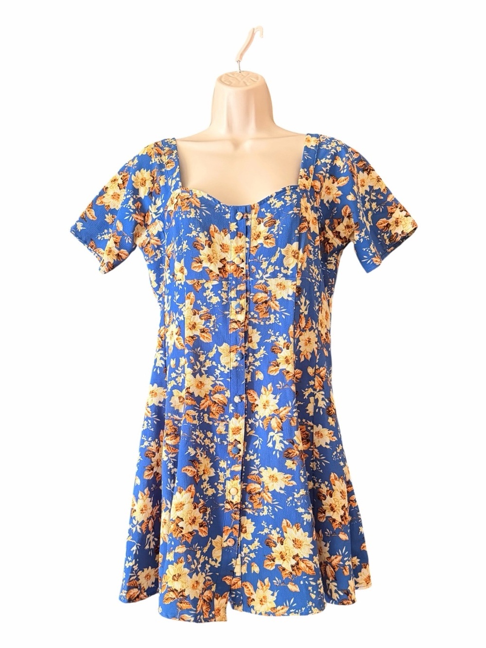 Flynn Skye Women’s Blue Floral Button-Front Square Neck Mini Dress Medium